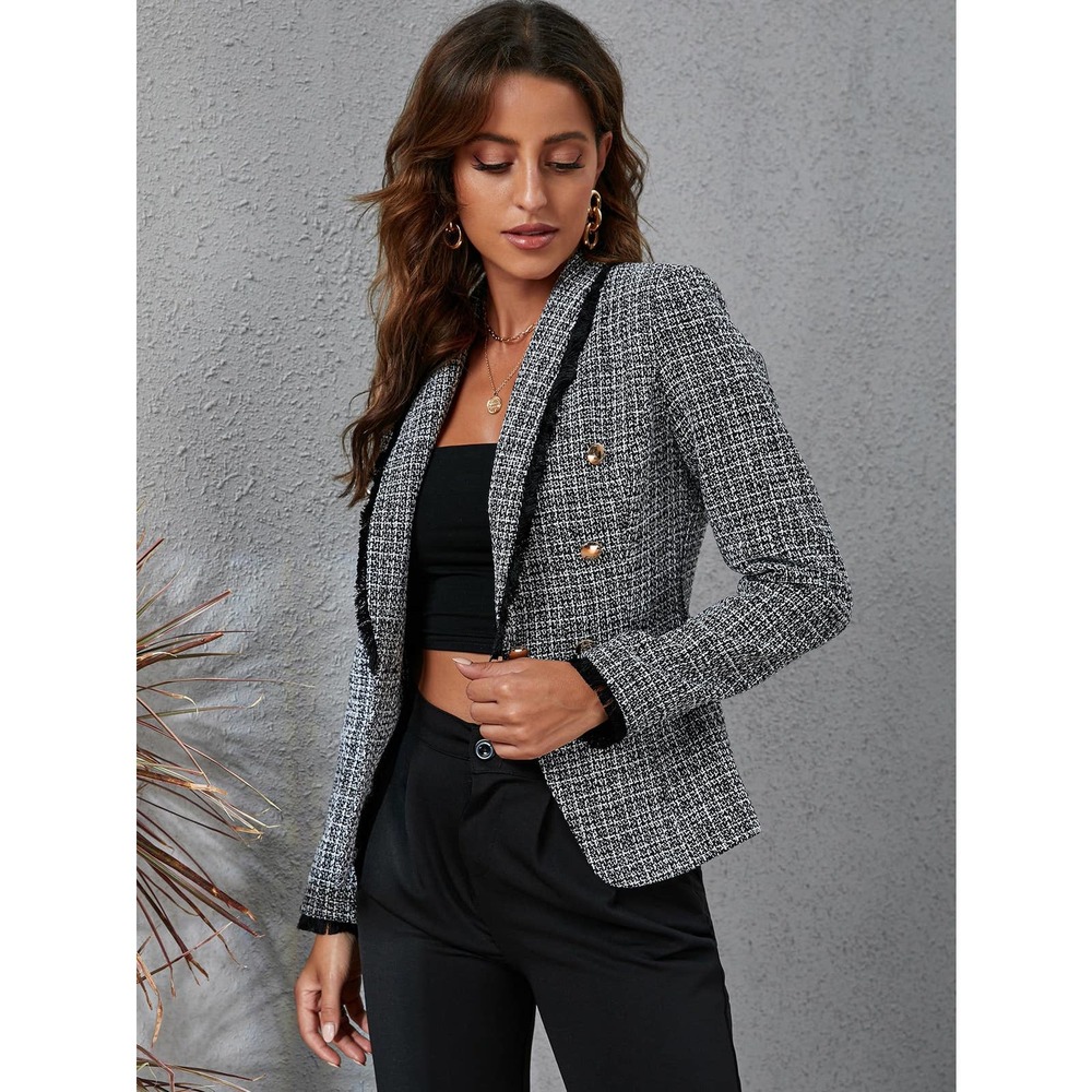 Raw Trim Double Breasted Blazer plaid tweed gray black - Picture 6 of 6